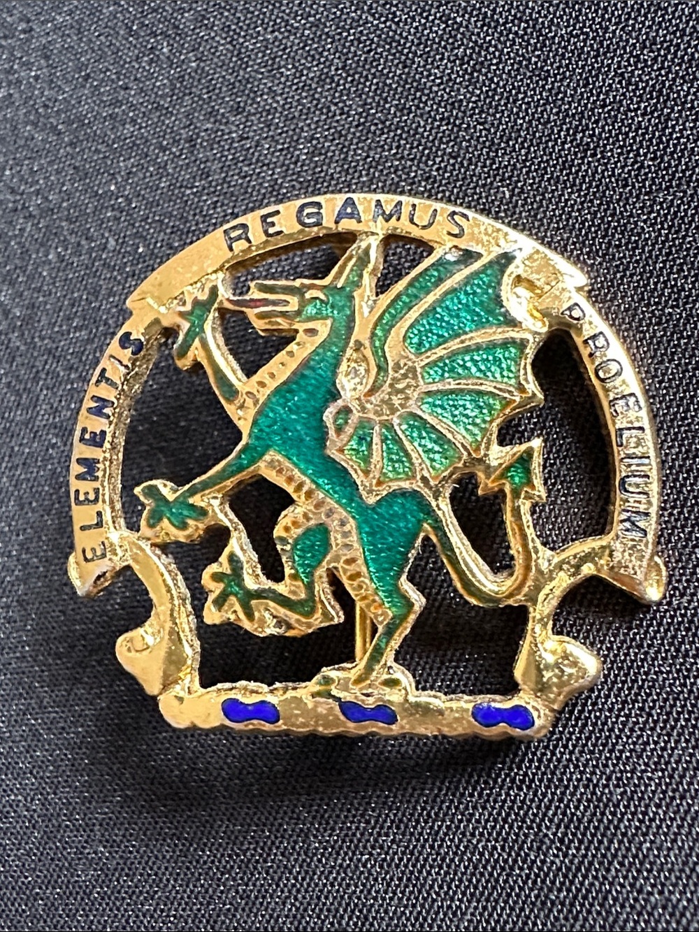 US Army GUC insignia pin w/ enameled  dragon & motto. Goldtone & functioning pin
